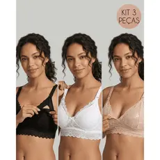 KIT 3 Peças Sutiã Amamentação Renda Sem Bojo Com Regulagem Reforçado Gestante Pós Parto