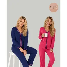 Kit 2 Conjuntos Pijama Longo Inverno Blogueira Malha PV Botão Amamentação Pós Cirúrgico