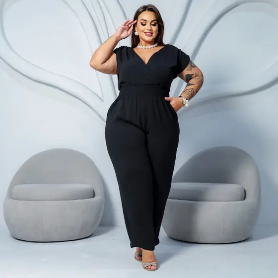 Macacão Longo Plus Size Transpassado Elastex Grande Valoriza as Curvas Elegante Casual Lia Rosa