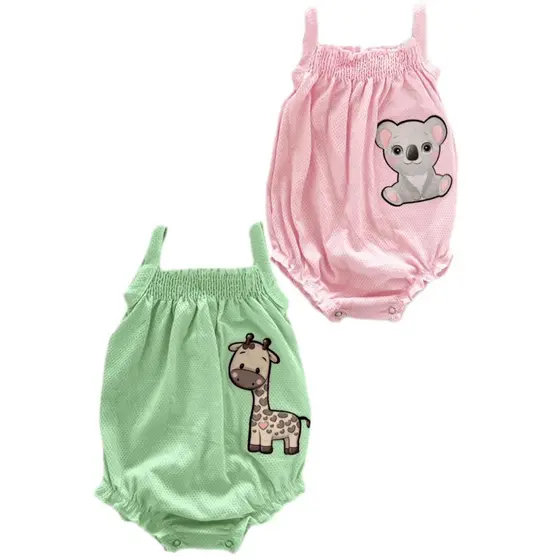 Kit 2 Romper Body Bebês Meninas Verao Lastex Aplicacao Bichinho Conforto Qualidade Tamanhos P M G 01
