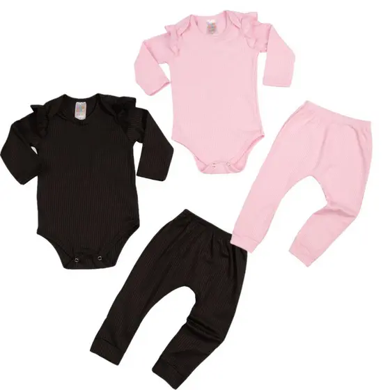 Kit 4 Pecas Roupa Bebe Menina 2 Conjuntos Bodys Babado Manga Longa Calca Canelado Qualidade P M G 01