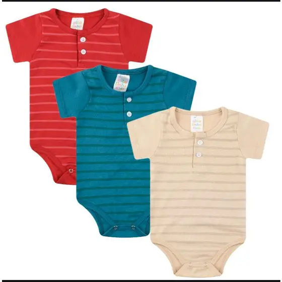Kit 3 Body Bebe Menino Manga Curta 100% Algodao Gola Botao Conforto Estilo Qualidade Tamanhos P M G 01
