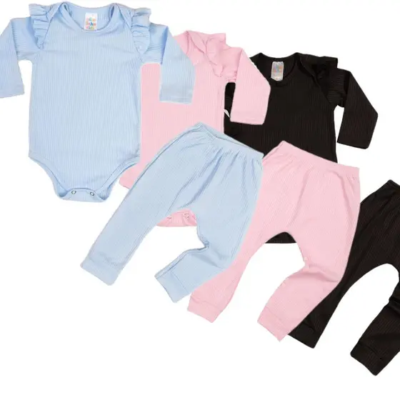 Kit 6 Pecas Roupas Bebês Meninas 3 Conjuntos Bodys Manga Longa Quentinho Babados Calca Canelados P M G 0