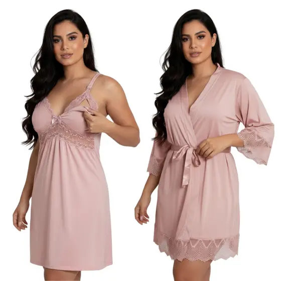 Kit Camisola Amamentação Pós Parto Com Robe de Romantic e Renda Vestido Maternidade Gestante
