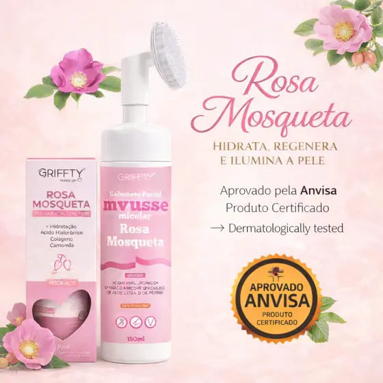 Kit Sérum Clareador de Manchas + Mousse Espuma Limpeza Facial Rosa Mosqueta Ácido Hialurônico