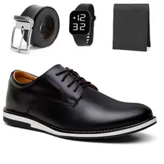 Kit Sapato Oxford Masculino Social Elegante de Couro Nobre Macio Com Solado Leve Confortável + Cinto Carteira e Relogio