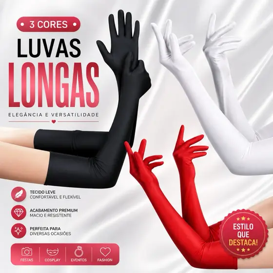 Luva Lycra Extra Longa ou Curta Festa Cosplay Casamento Debutante