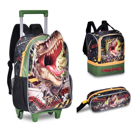 Kit de Mochila de Rodinha Lancheira e Estojo Infantil Masculina Jurassic Park  - Clio Style