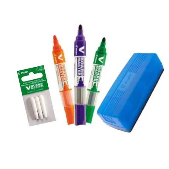 Kit com 3 Marcadores Para Quadro Branco + Apagador + Pontas - PILOT/ PILOTO