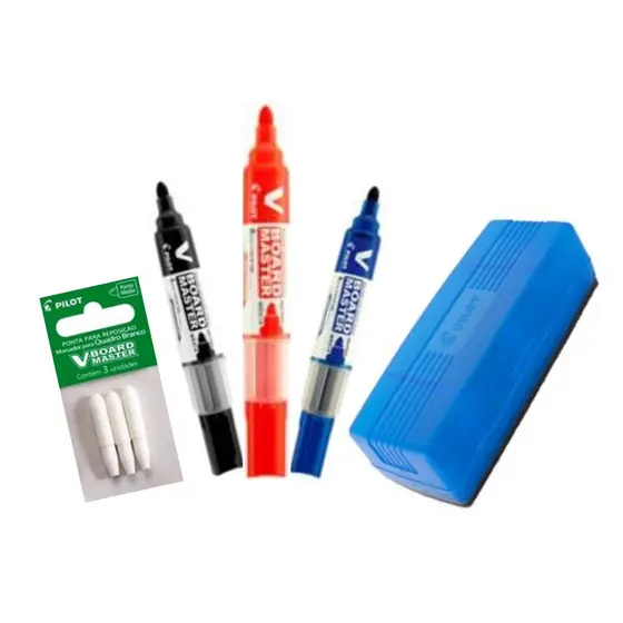 Kit com 3 Marcadores Para Quadro Branco + Apagador + Pontas - PILOT/ PILOTO