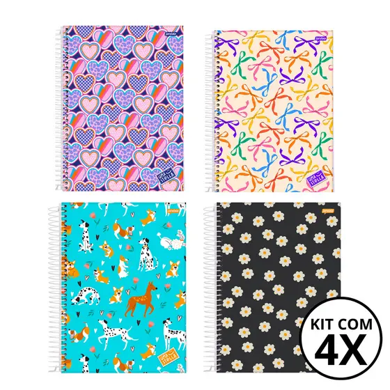 Kit 04 Cadernos Universitário 1 Matéria 80 Folhas Stella - Jandaia CAPA:Coração/Laço/Cachorro/Flor