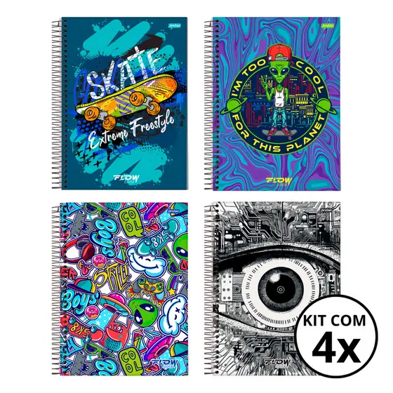 Kit 04 Cadernos Universitário 1 Matéria 80 Folhas Flow - Jandaia CAPA:Skate/Alien/Boys/Olho