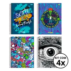 Kit 04 Cadernos Universitário 1 Matéria 80 Folhas Flow - Jandaia CAPA:Skate/Alien/Boys/Olho
