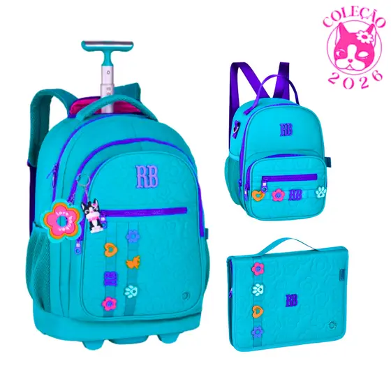 Kit Mochila de Rodinhas Com lancheira e Estojo 96 Pens Rebecca Bonbon Flower Power Cor:Verde