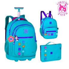 Kit Mochila de Rodinhas Com lancheira e Estojo 96 Pens Rebecca Bonbon Flower Power Cor:Verde