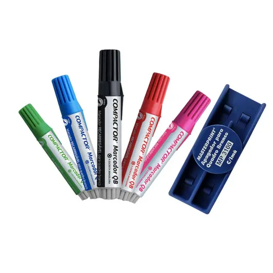 Kit com 5 Marcadores Para Quadro Branco + Apagador - COMPACTOR