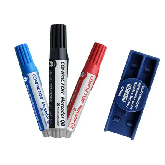 Kit com 3 Marcadores Para Quadro Branco + Apagador - COMPACTOR