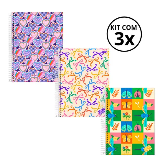 Kit 03 Cadernos Universitário 20 Matérias 320 Folhas Stella - Jandaia CAPA:Coração/Laço/Jardim