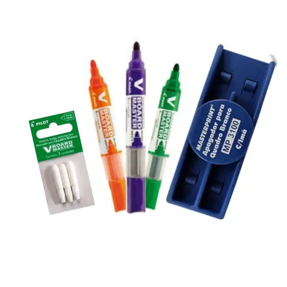 Kit com 3 Marcadores Para Quadro Branco + Apagador + Pontas - PILOT/ PILOTO