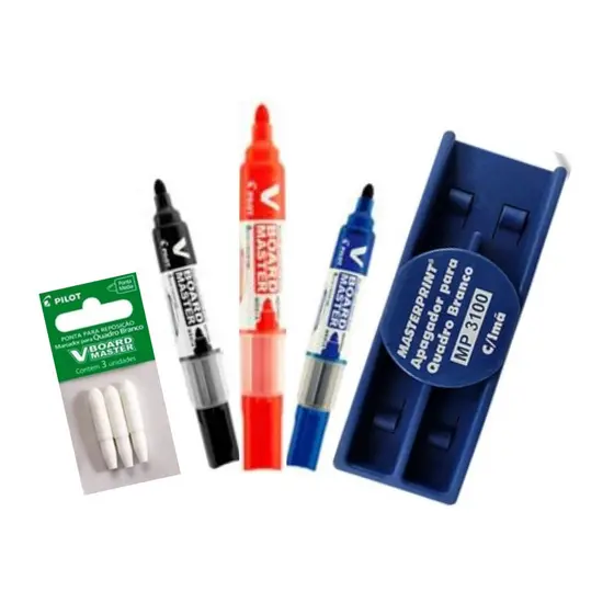 Kit com 3 Marcadores Para Quadro Branco + Apagador + Pontas - PILOT/ PILOTO