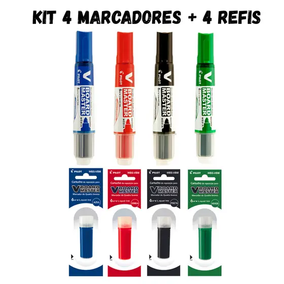 Kit com 4 Marcadores Para Quadro Branco + 4 Refis  Board Master - PILOT KITS:2