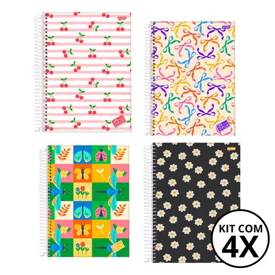 Kit 04 Cadernos Universitário 10 Matérias 160 Folhas Stella - Jandaia CAPA:Cereja/Laço/Jardim/Flor