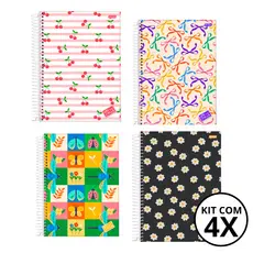 Kit 04 Cadernos Universitário 10 Matérias 160 Folhas Stella - Jandaia CAPA:Cereja/Laço/Jardim/Flor