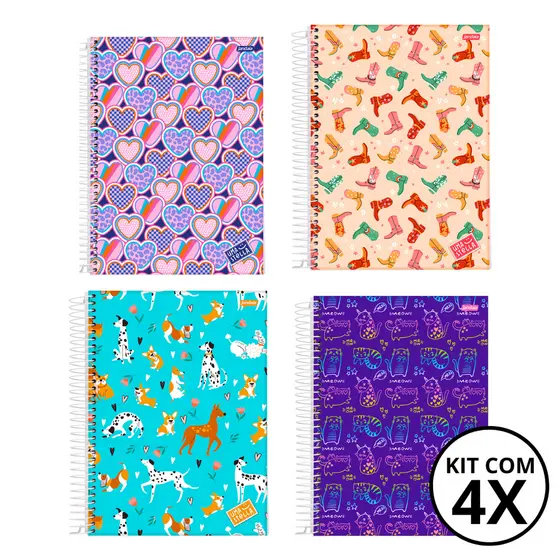 Kit 04 Cadernos Universitário 10 Matérias 160 Folhas Stella - Jandaia CAPA:Coração/Bota/Cachorro/Gato