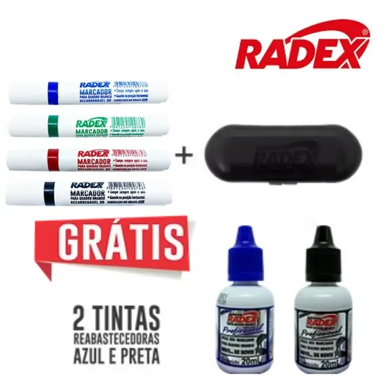 Kit 4 Marcadores+2 Reabastecedores+1 Apagador Para Quadro Branco-RADEX