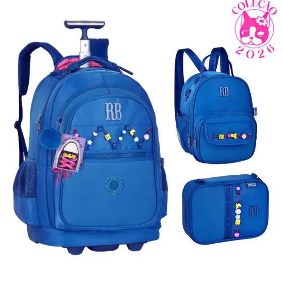 Kit Mochila de Rodinhas Com par de Cadarços,Estojo e Lancheira Rebecca Bonbon Beaded Fun Cor:Azul