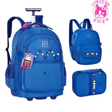 Kit Mochila de Rodinhas Com par de Cadarços,Estojo e Lancheira Rebecca Bonbon Beaded Fun Cor:Azul