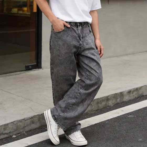 CALÇA JEANS BALÃO E RETA BOCA LARGA ESTILO SKATE Preto Estonado