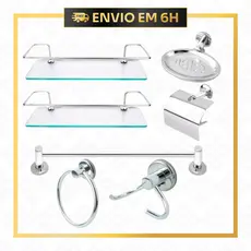 Porta Shampoo e Kit Banheiro Inox Cromado 7 Peças com 2 Porta Shampoo de Vidro + Toalheiros, Papeleira e Cabides
