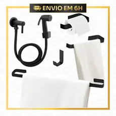 Kit Acessório Banheiro Luxo Preto Fosco | Ducha Higiênica + Acessórios Quadrados Inox Preto