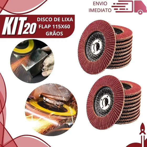 Kit 20/10/6 Disco Flap 60 Grãos 115x60 Lixa para Esmerilhadeira de Desbaste e Acabamento de Ferro e Aço