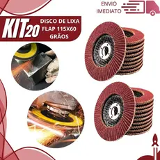 Kit 20/10/6 Disco Flap 60 Grãos 115x60 Lixa para Esmerilhadeira de Desbaste e Acabamento de Ferro e Aço