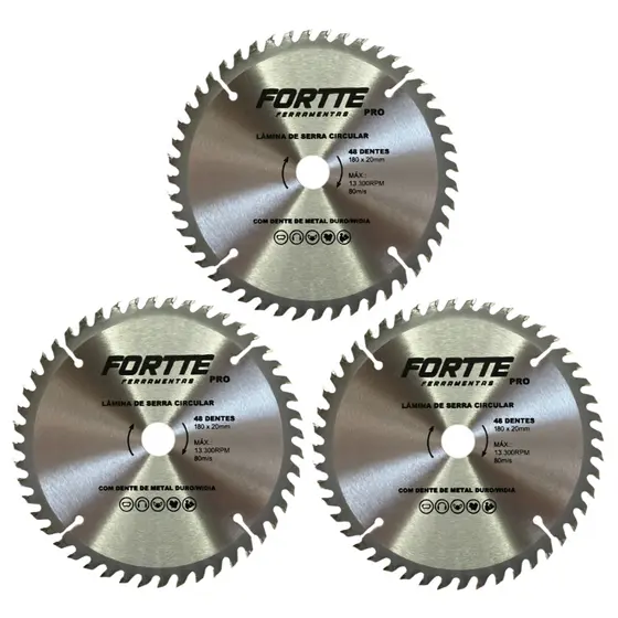 Kit 03 Disco Serra Circular 7 1/4 48 Dentes Para Madeira 180mm Acabamento Fino Profissional