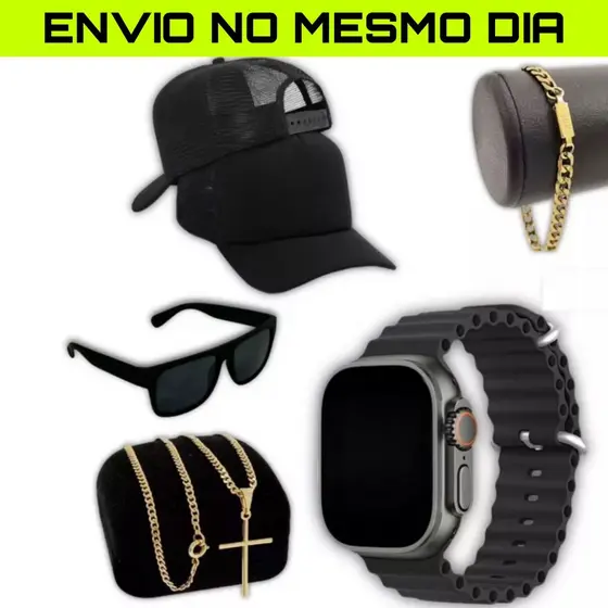 Kit masculino relógio digital Premium + Boné liso + Óculos premium +Corrente Cruz e pulseira banhada