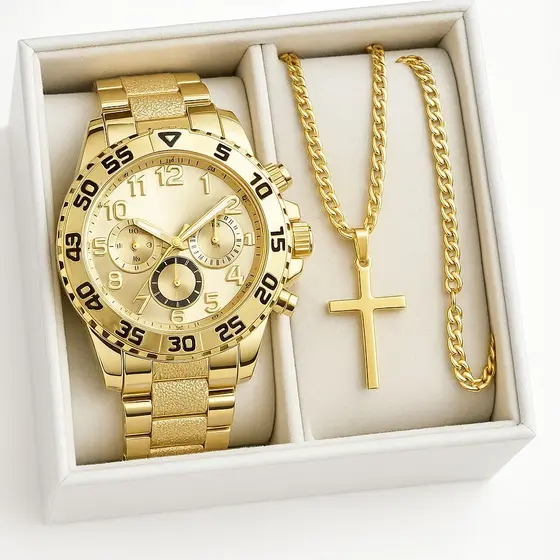 Kit Relógio Masculino Original De Luxo Banhado + Cordão + Pulseira  Ouro Prata 18k
