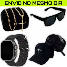 Kit Relogio Premium Preto Masculino + Corrente Cruz Banhado a Ouro + Boné Fé + Óculos Premium