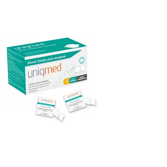 Álcool Swabs 70% Saches Lenços Umedecidos para Assepsia 100 unidades Pequeno - Uniqmed