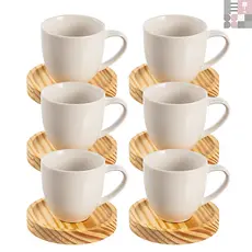 Jogo de Xícaras em Porcelana Café Expresso - 12 Peças Pires em Madeira (6 xícaras 80 ML + 6 pires)