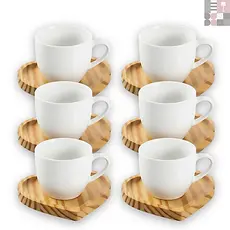 Kit Jogo de Xícaras 80 ML De Porcelana Café Expresso Com Pires Em Madeira Pinus