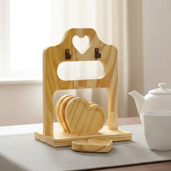 Kit Suporte Para 4 Xicara Cantinho do Café De Madeira Pires Coração Casa Decoração