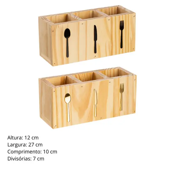 Porta Talher de Madeira e Acrílico Preto Dourado e Prata Organizador Com Divisória