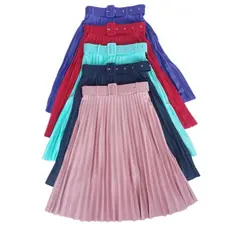 saia plissada midi moda evangélica com cinto fivela forrada cod:124