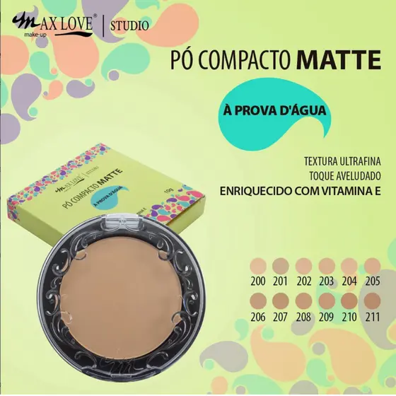 Pó Compacto Matte à Prova d'Água MAX LOVE 10g Acabamento Perfeito e Longa Duração