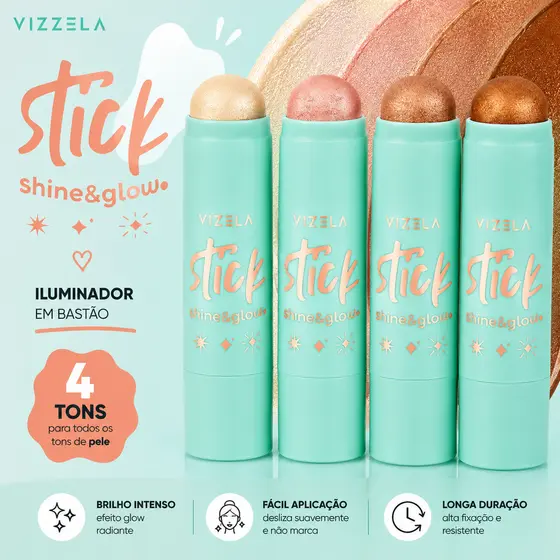 Iluminador Maquiagem Stick Vizzela Shine & Glow Vegano Iluminador em Bastão Iluminador Cremoso Iluminador Stick