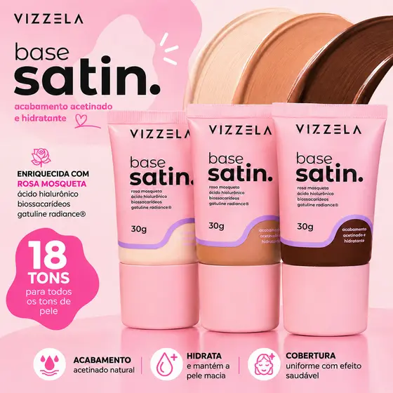 Base Satin Vizzela 30g Base de Rosto Vegano Base Liquida Média Cobertura Base Maquiagem Base Vizzela Base Glow