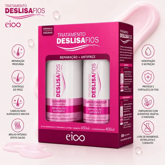 Shampoo e Condicionador EICO KIT Deslisa Fios 850ml Anti Frizz KIT Shampoo Condicionador Reconstrução Capilar